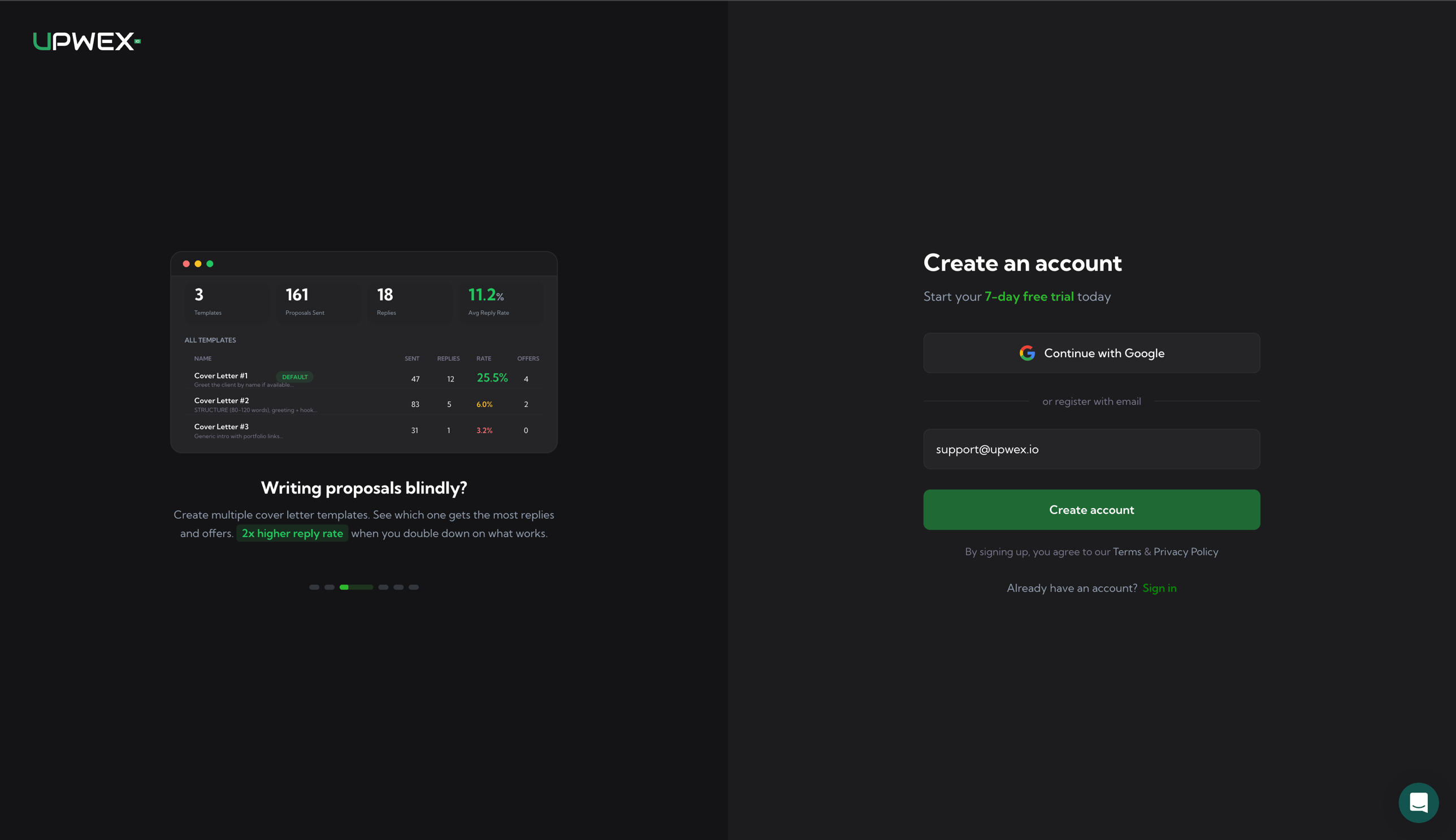 Сторінка Create an account в Upwex – підзаголовок 'Start your 7-day free trial today', кнопка Continue with Google, розділювач 'or register with email', поле email з support@upwex.io, кнопка Create account і посилання Sign in