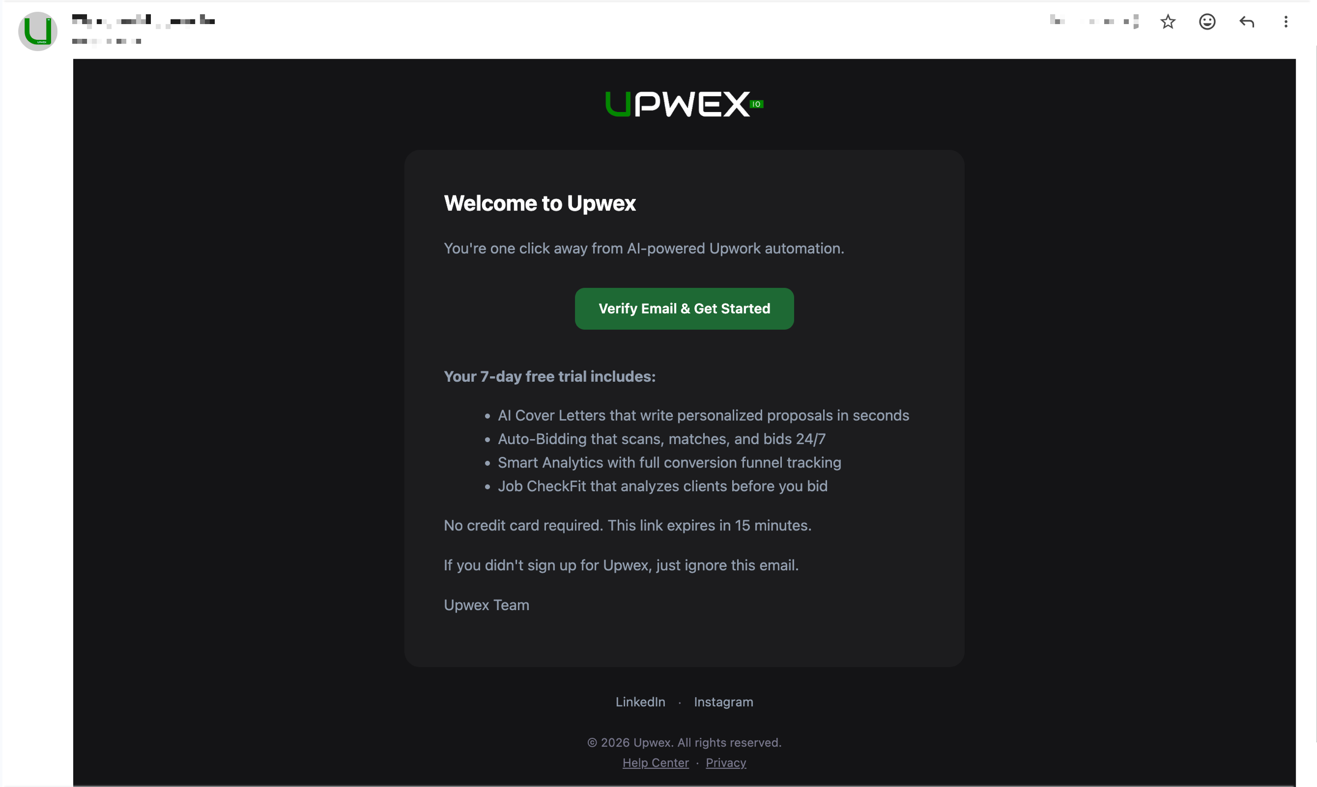Welcome-лист Upwex – логотип UPWEX, заголовок 'Welcome to Upwex', CTA-кнопка Verify Email & Get Started, перелік фіч trial (AI Cover Letters, Auto-Bidding, Smart Analytics, Job CheckFit), нотатка про 15-хвилинний термін дії, підпис Upwex Team з посиланнями на LinkedIn та Instagram