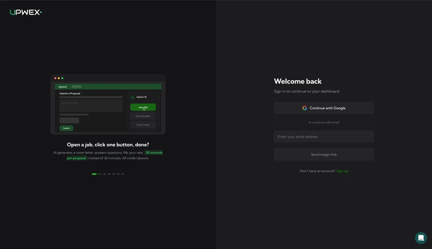 Upwex sign-in page with Welcome back heading, Continue with Google button, divider 'or continue with email', email input, Send magic link button and Sign up link below