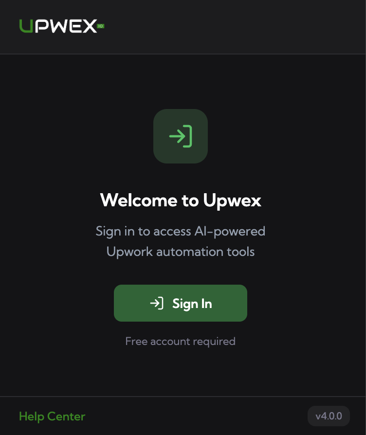 Welcome-екран popup розширення Upwex – логотип UPWEX, заголовок Welcome to Upwex, підзаголовок 'Sign in to access AI-powered Upwork automation tools', зелена кнопка Sign In з підписом 'Free account required', посилання Help Center і бейдж версії v4.0.0