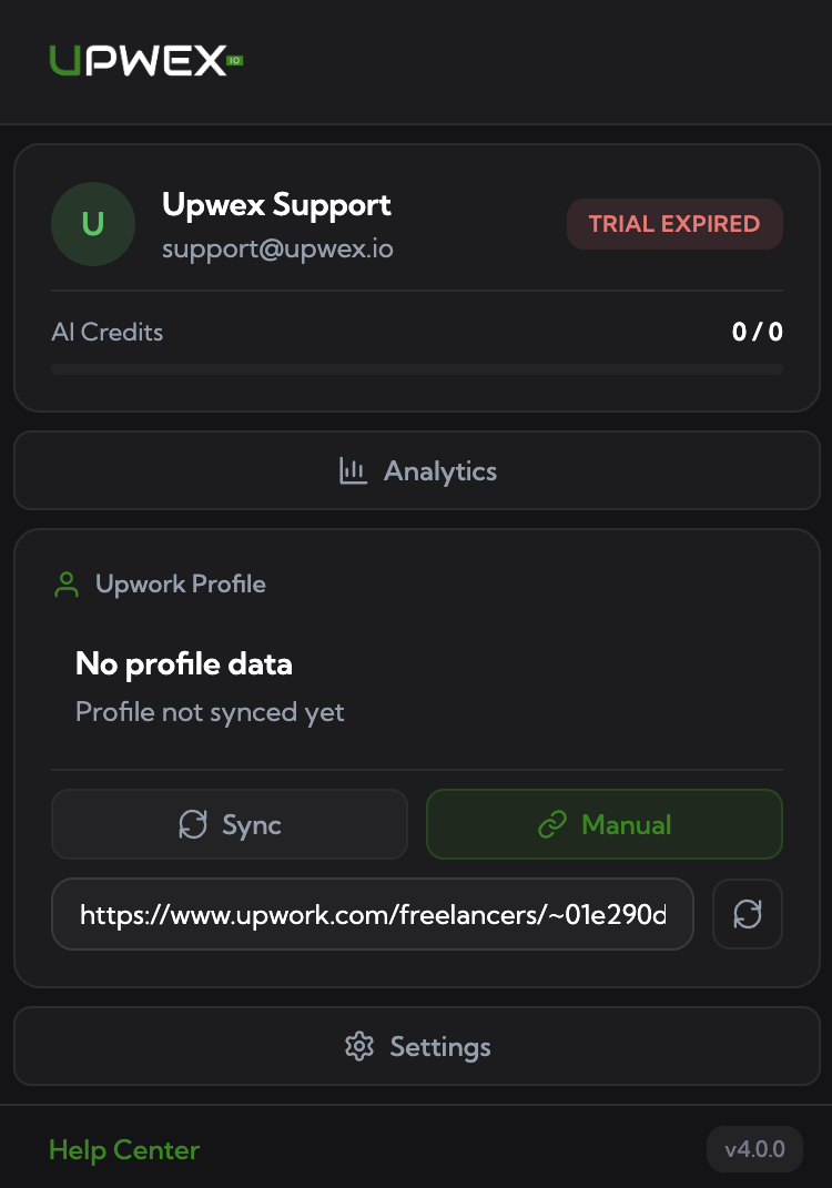 Popup Upwex з відкритим Manual sync – поле введення з прев'ю URL фрілансера Upwork і маленька іконка sync (refresh) праворуч від поля, яка запускає синхронізацію за вказаним URL