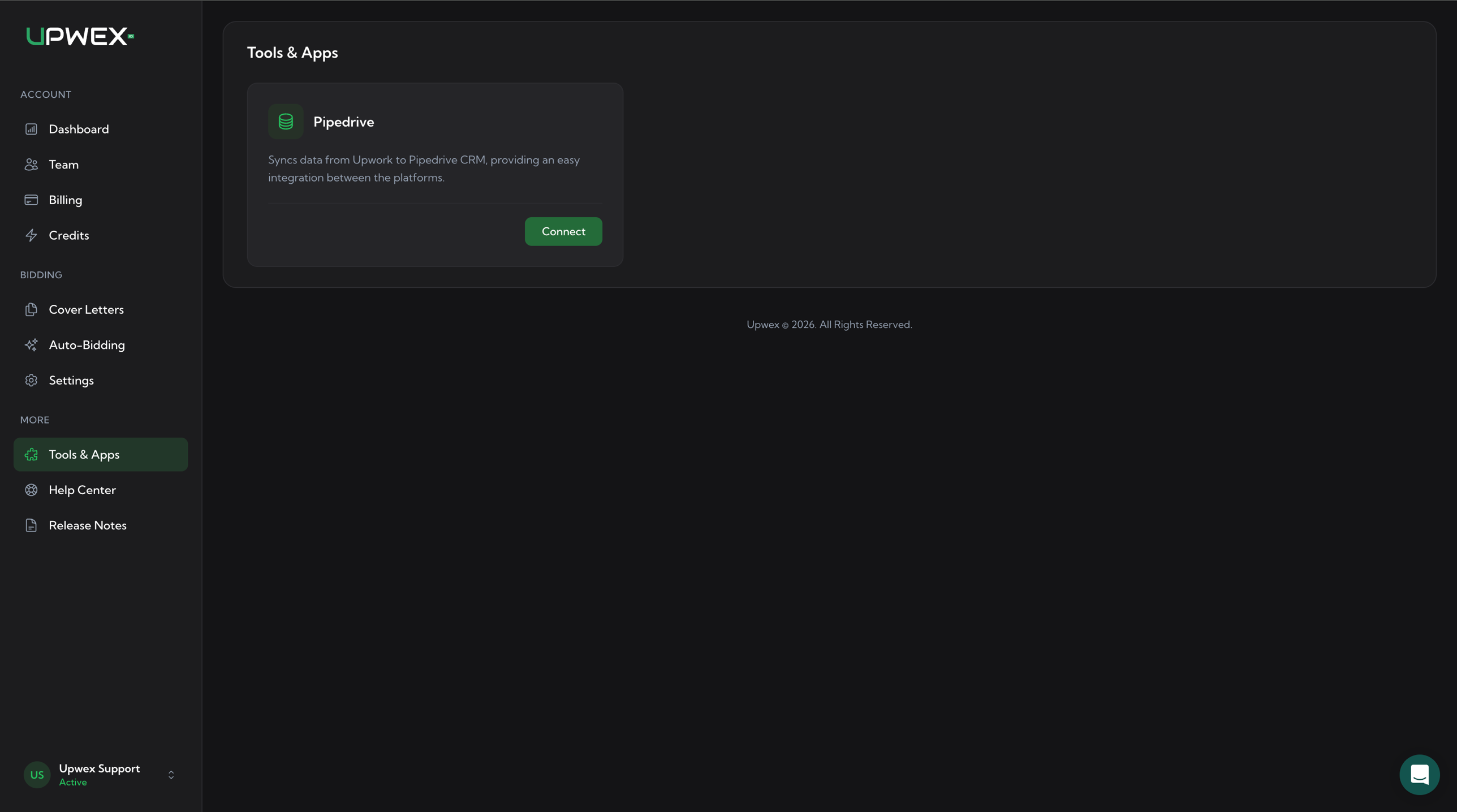 Tools & Apps page in Upwex showing the Pipedrive card with the description 'Syncs data from Upwork to Pipedrive CRM, providing an easy integration between the platforms' and a green Connect button on the right