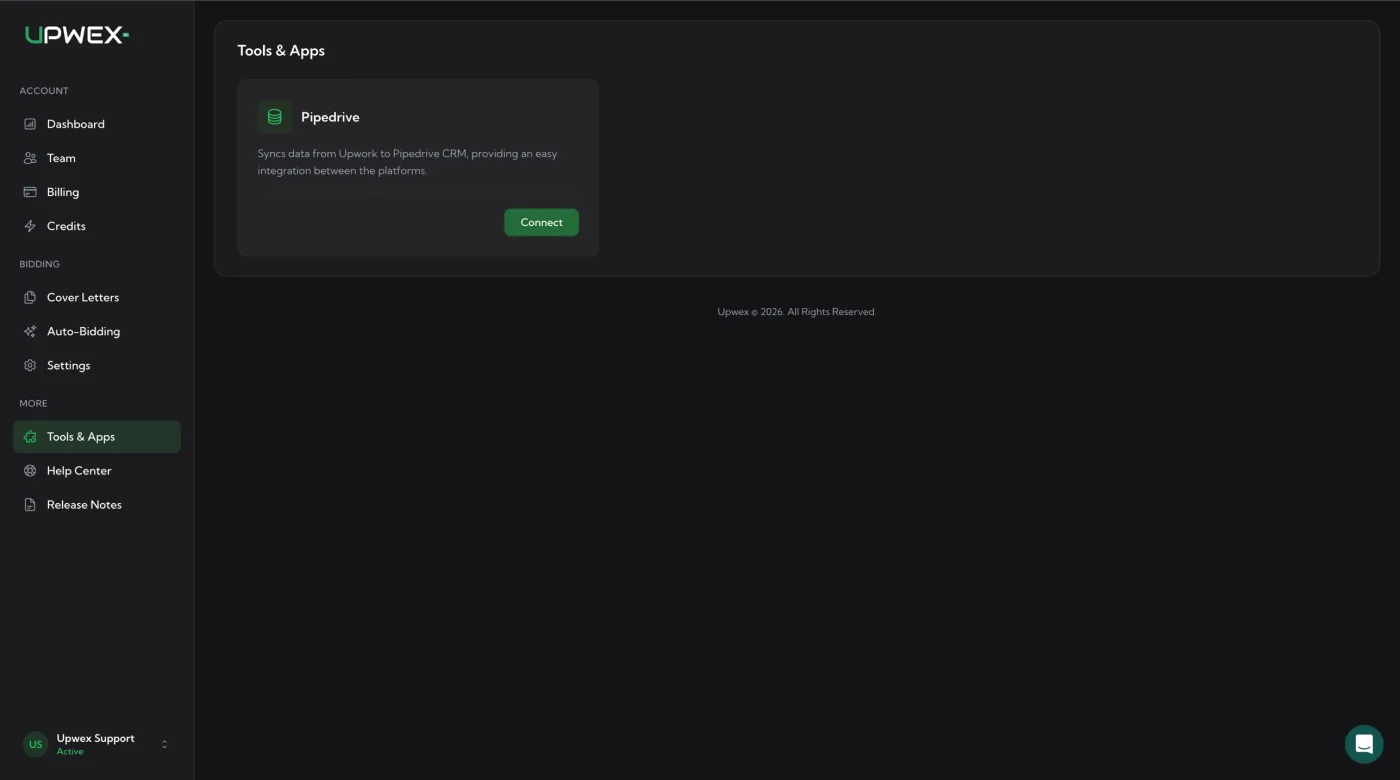 Tools & Apps page in Upwex showing the Pipedrive card with the description 'Syncs data from Upwork to Pipedrive CRM, providing an easy integration between the platforms' and a green Connect button on the right