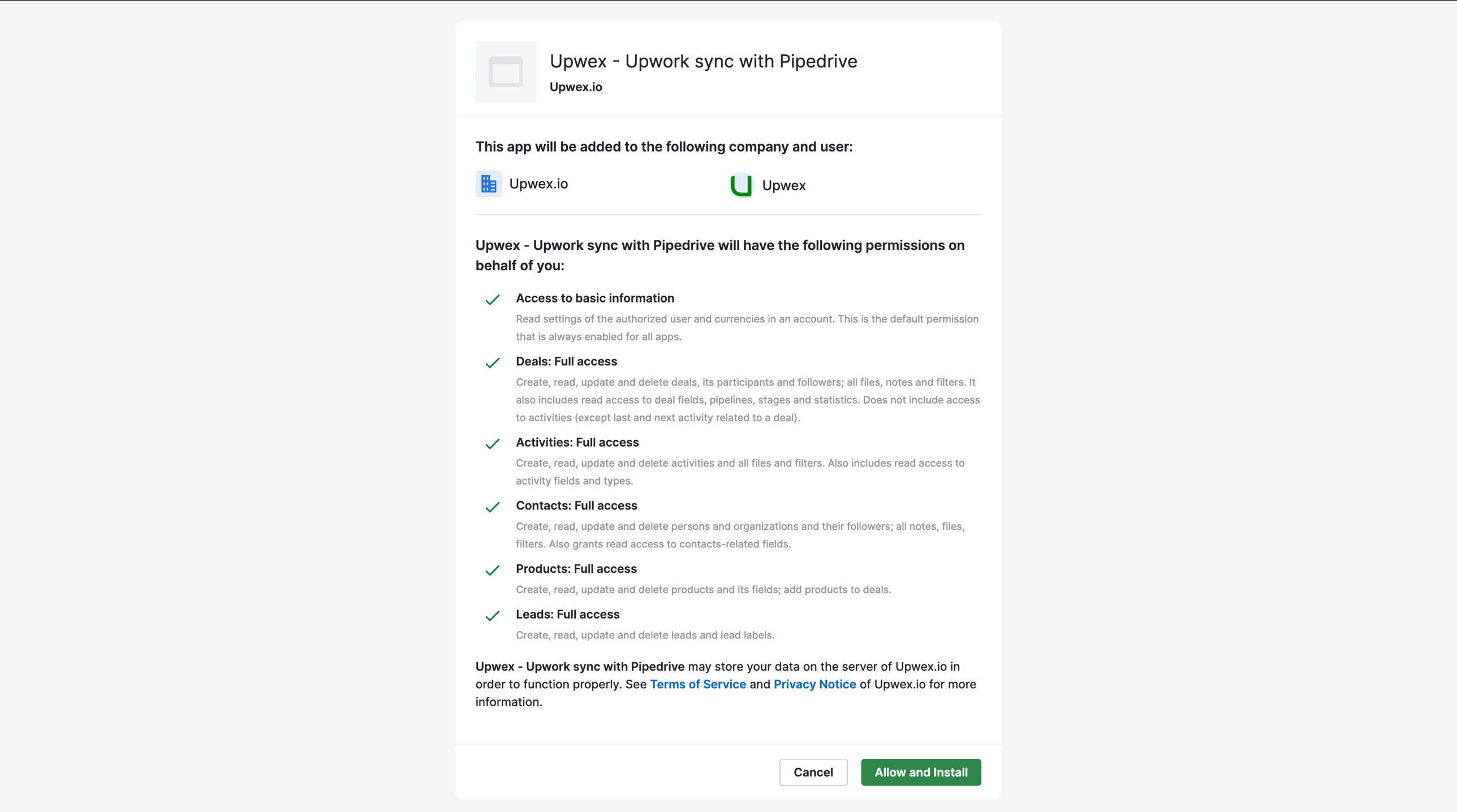 Pipedrive OAuth consent screen for the Upwex - Upwork sync with Pipedrive app: shows the company / user it will be installed for and a list of permissions (Access to basic information, Deals/Activities/Contacts/Products/Leads – Full access) plus Cancel and green Allow and Install buttons