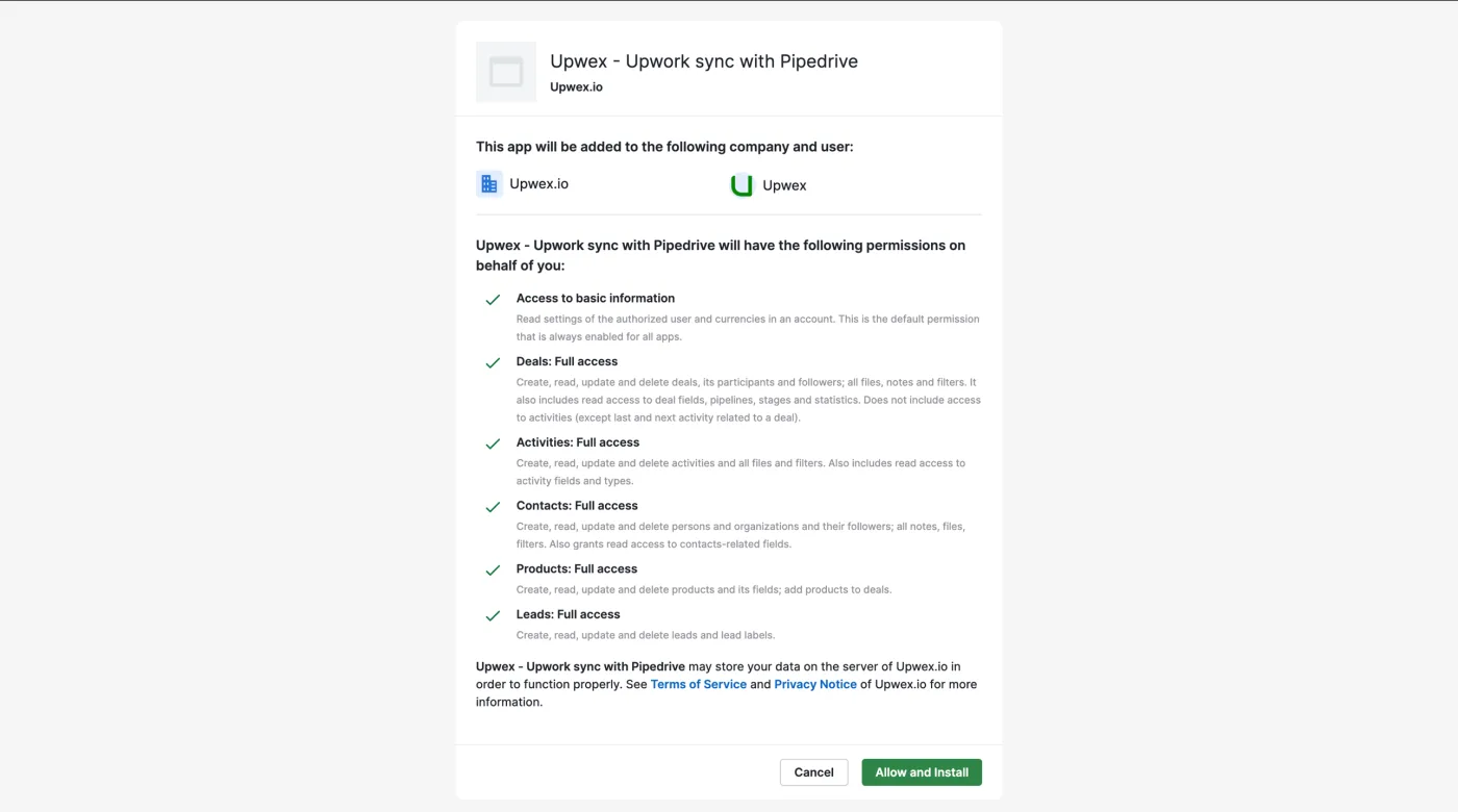 Pipedrive OAuth consent screen for the Upwex - Upwork sync with Pipedrive app: shows the company / user it will be installed for and a list of permissions (Access to basic information, Deals/Activities/Contacts/Products/Leads – Full access) plus Cancel and green Allow and Install buttons