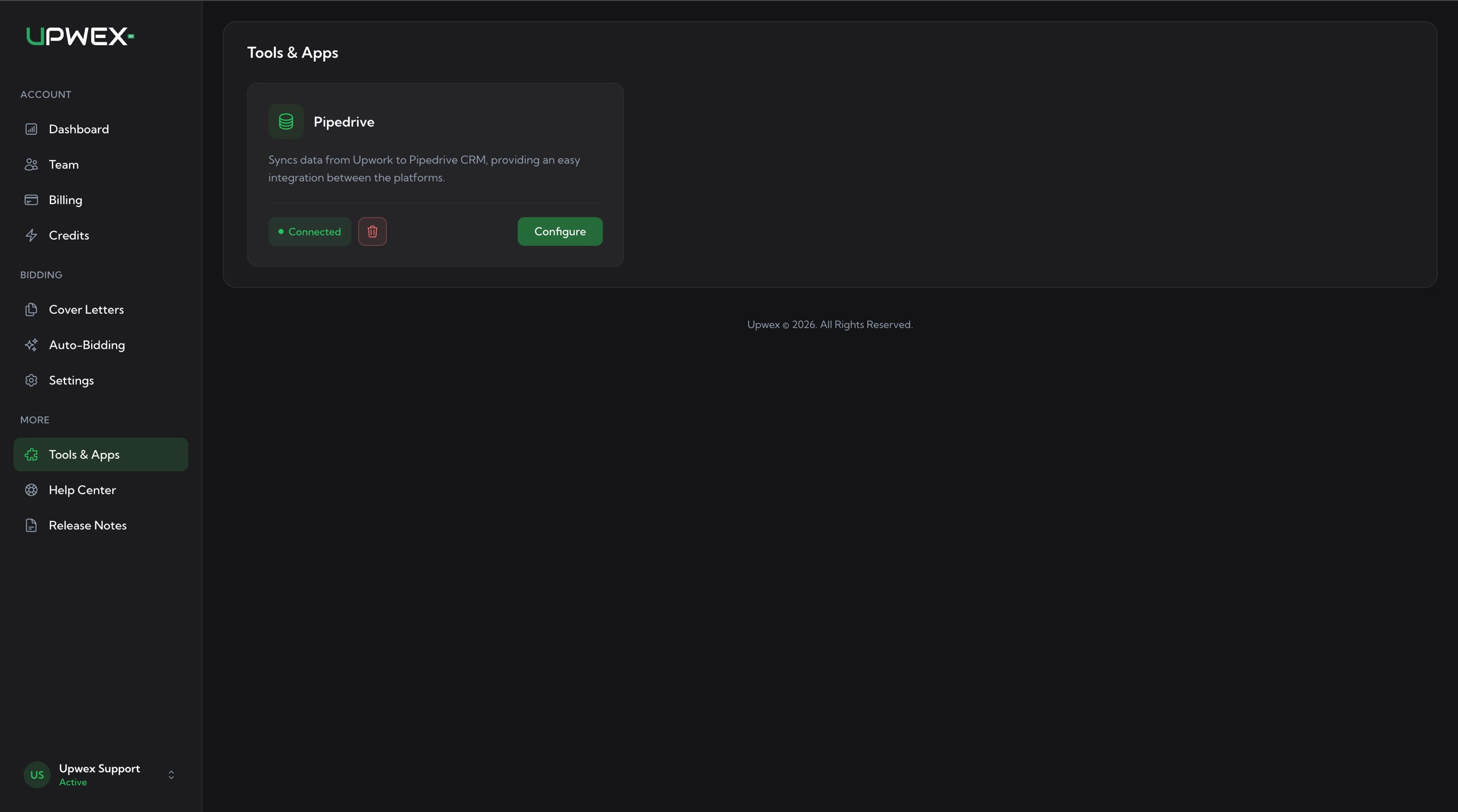 Tools & Apps page after a successful Pipedrive connection: the Pipedrive card now shows a green 'Connected' pill, a red trash icon for disconnect, and a green Configure button on the right