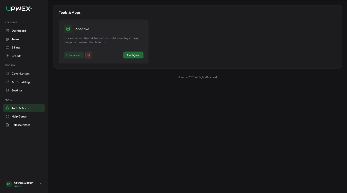 Tools & Apps page after a successful Pipedrive connection: the Pipedrive card now shows a green 'Connected' pill, a red trash icon for disconnect, and a green Configure button on the right