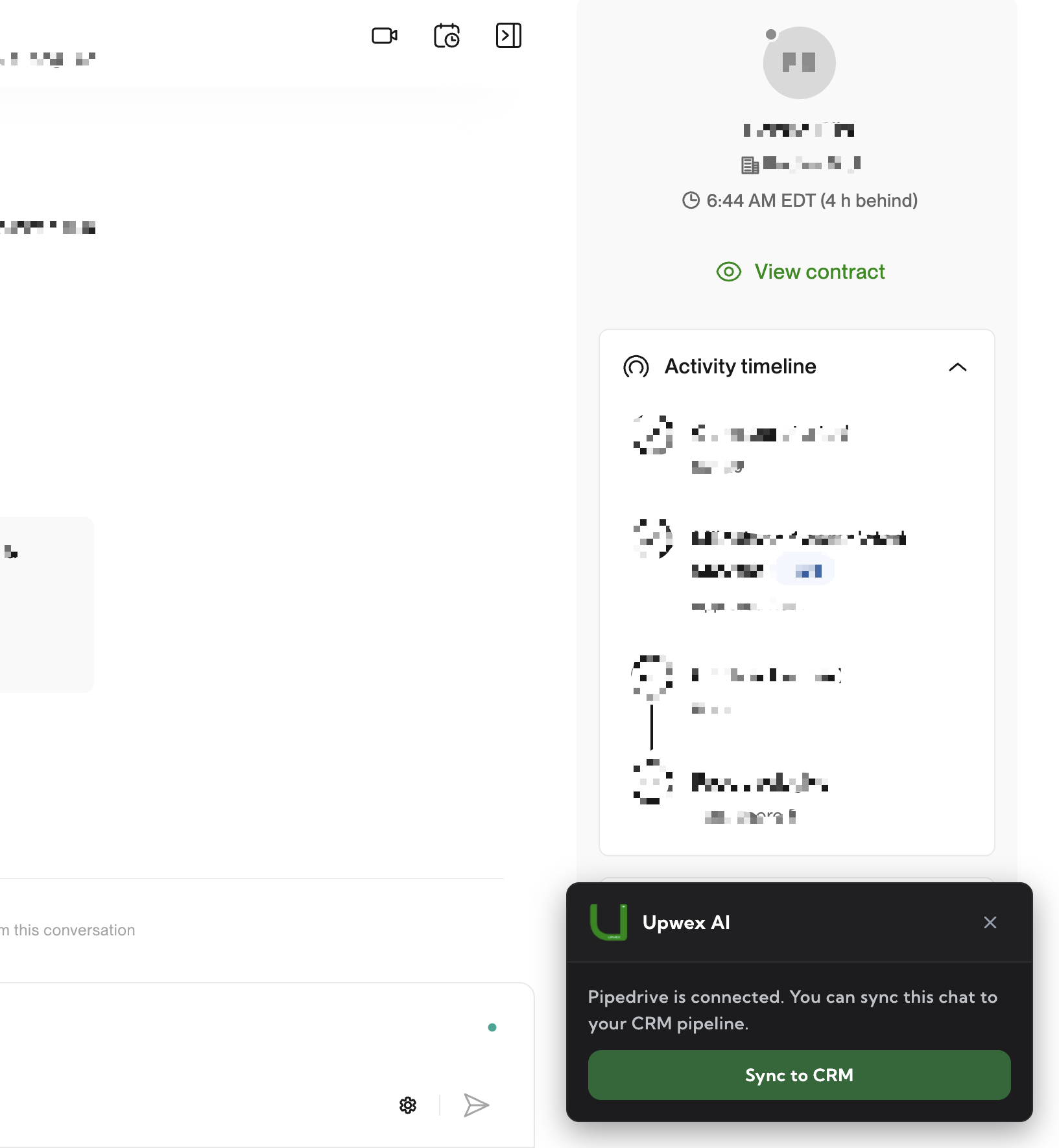 Upwork chat sidebar with the Upwex AI widget at the bottom: black panel with the Upwex U logo, title 'Upwex AI', close X, body text 'Pipedrive is connected. You can sync this chat to your CRM pipeline.' and a wide green 'Sync to CRM' button
