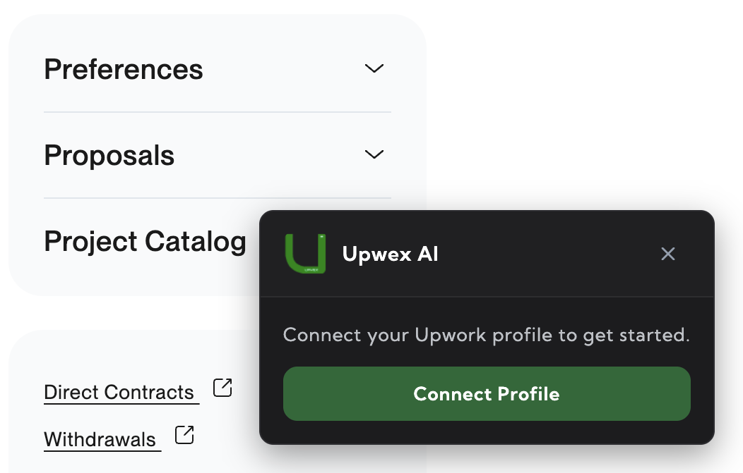 Upwex notification widget prompting the user to connect their Upwork profile – Upwex AI header, message 'Connect your Upwork profile to get started.' and a green Connect Profile button