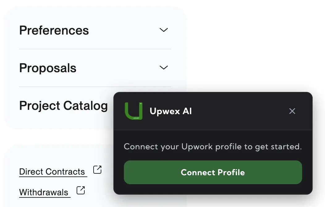 Upwex notification widget prompting the user to connect their Upwork profile – Upwex AI header, message 'Connect your Upwork profile to get started.' and a green Connect Profile button