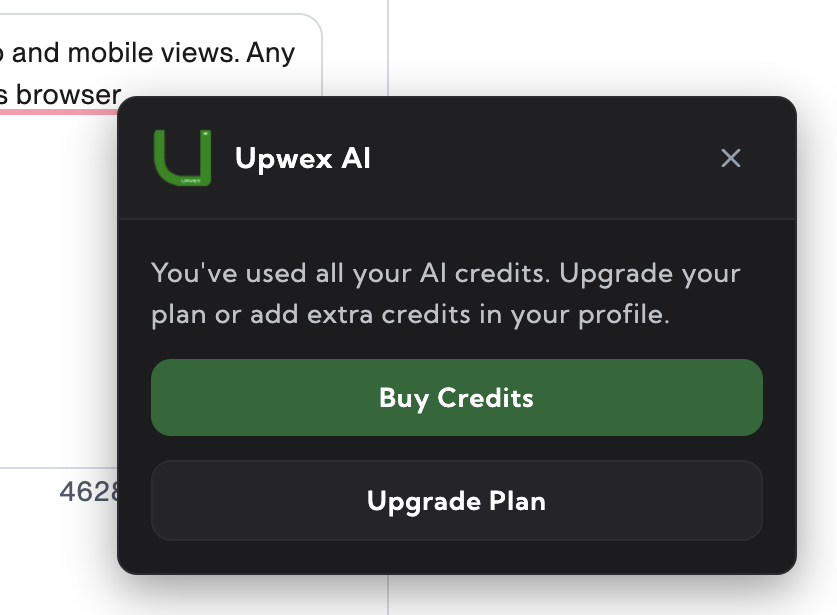 Upwex notification widget shown when AI credits are exhausted – message 'You've used all your AI credits. Upgrade your plan or add extra credits in your profile.' with a primary green Buy Credits button and a secondary Upgrade Plan button