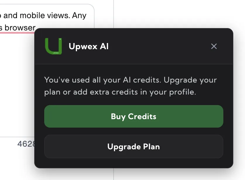 Upwex notification widget shown when AI credits are exhausted – message 'You've used all your AI credits. Upgrade your plan or add extra credits in your profile.' with a primary green Buy Credits button and a secondary Upgrade Plan button