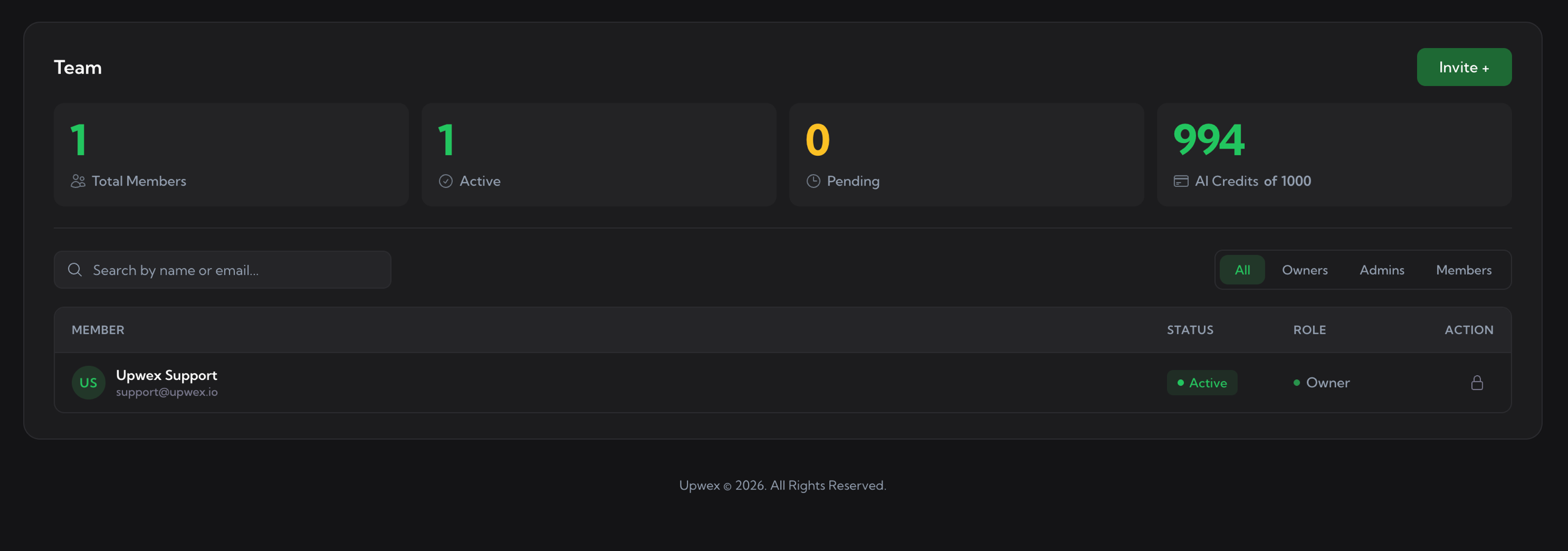 Team page – Total Members / Active / Pending / AI Credits stat cards, search field, role filter tabs (All / Owners / Admins / Members), and members table with MEMBER / STATUS / ROLE / ACTION columns; green Invite + button at the top right