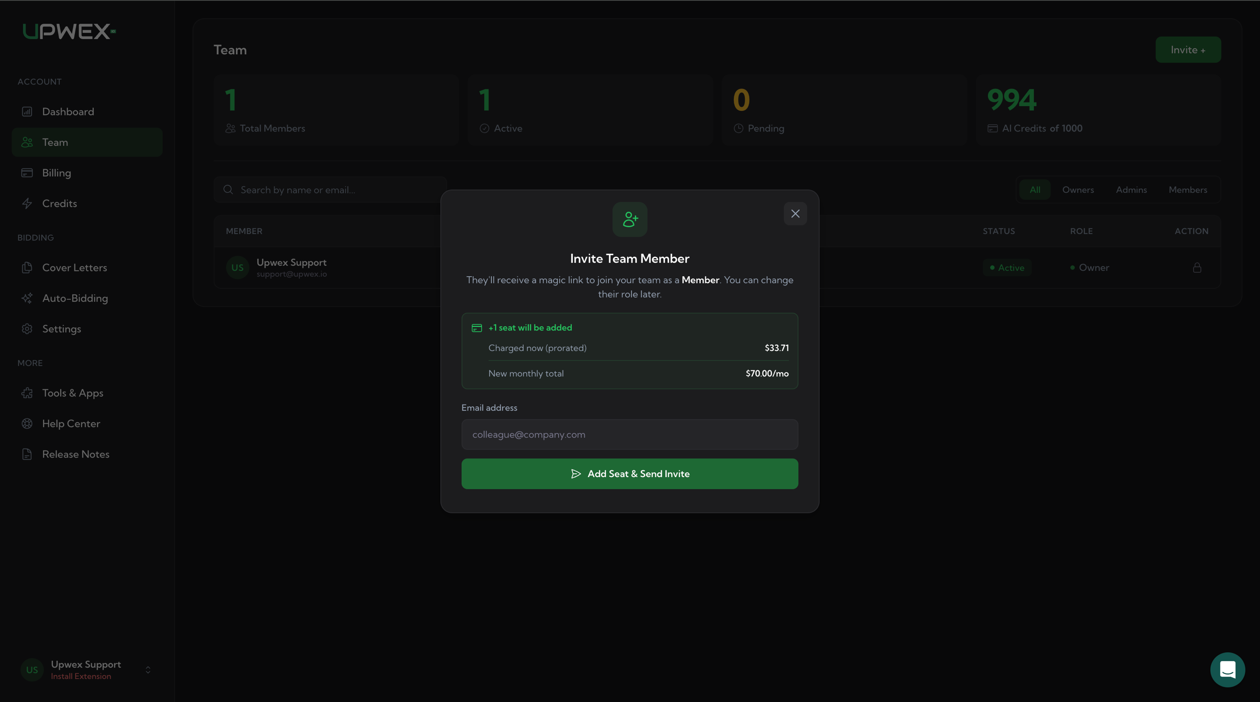 Invite Team Member modal – green +1 seat will be added banner with Charged now (prorated) and New monthly total lines, Email address field, Add Seat & Send Invite button