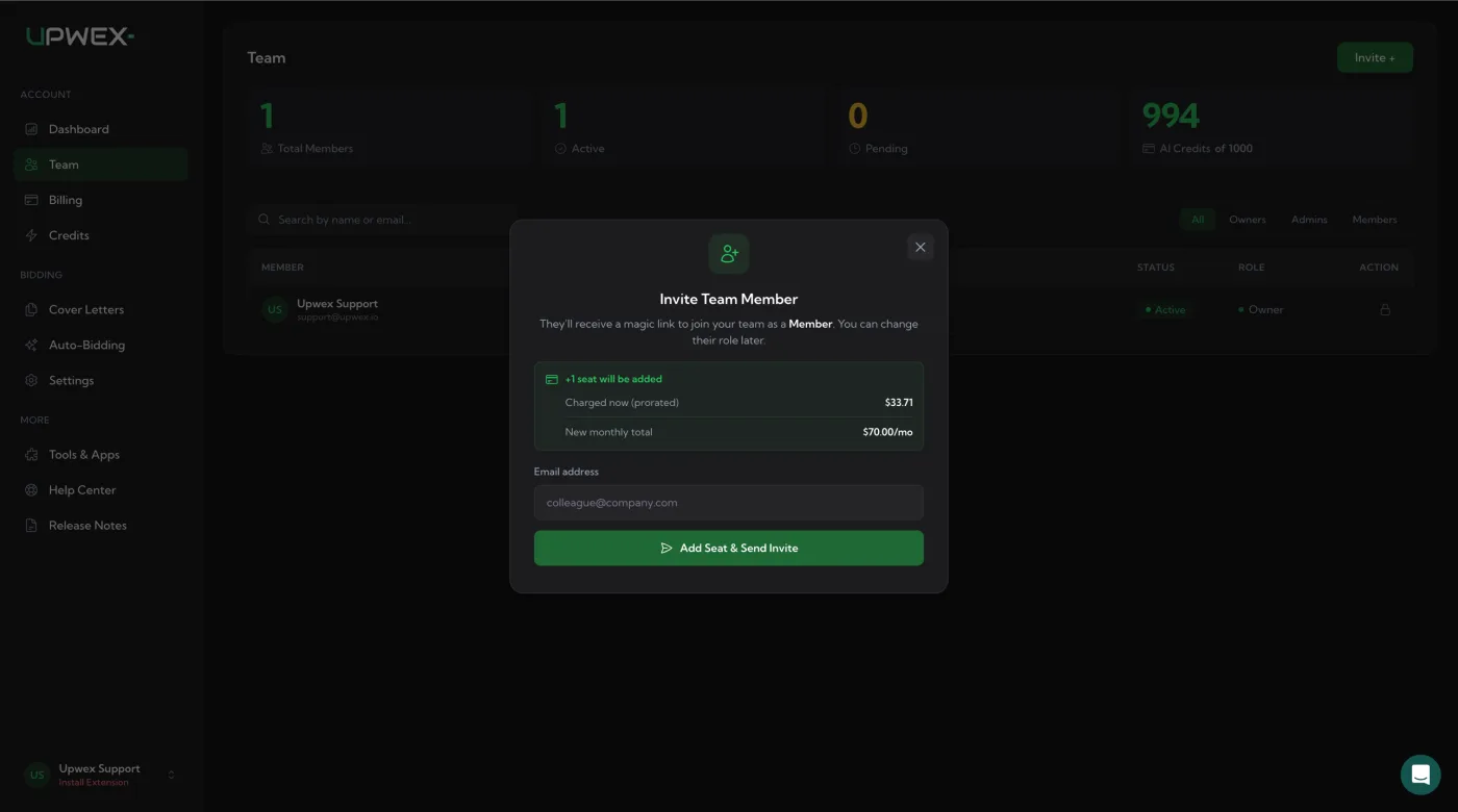 Invite Team Member modal – green +1 seat will be added banner with Charged now (prorated) and New monthly total lines, Email address field, Add Seat & Send Invite button