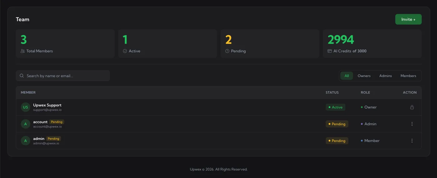 Team page – Total Members 3 / Active 1 / Pending 2 / AI Credits 2994 of 3000 stat cards above the members table; rows show STATUS column with Active and Pending pills