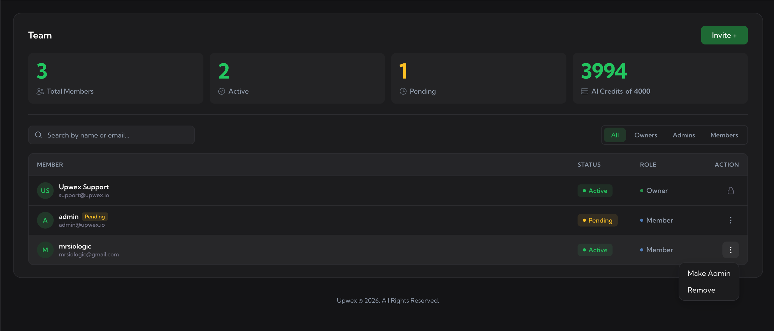 Team page with the ⋮ menu open on a Member row showing two options: Make Admin and Remove