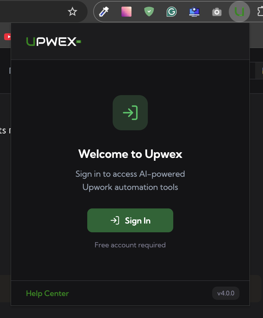 Upwex extension popup in the signed-out 'Welcome to Upwex' state – UPWEX.IO header, sign-in icon, 'Sign in to access AI-powered Upwork automation tools' caption, green 'Sign In' button, 'Free account required' note, 'Help Center' link in the footer and a 'v4.0.0' version badge on the right