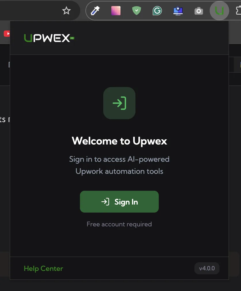 Upwex extension popup in the signed-out 'Welcome to Upwex' state – UPWEX.IO header, sign-in icon, 'Sign in to access AI-powered Upwork automation tools' caption, green 'Sign In' button, 'Free account required' note, 'Help Center' link in the footer and a 'v4.0.0' version badge on the right