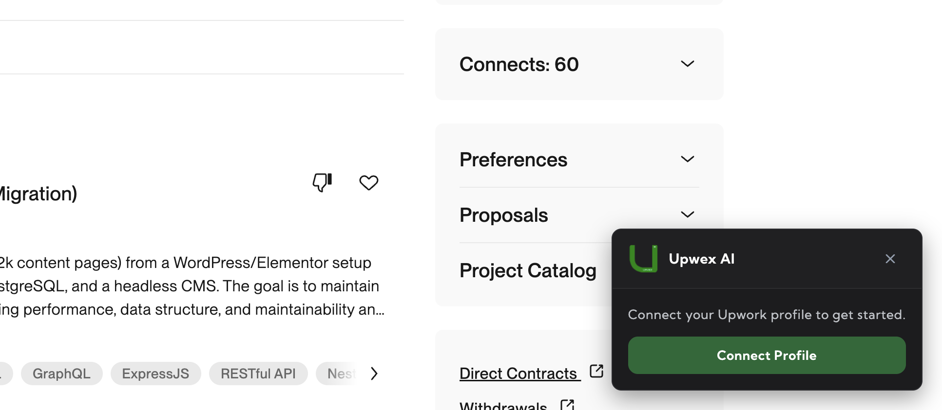 Upwork freelancer profile page right sidebar with the Upwex AI widget overlay at the bottom: black panel with title 'Upwex AI' and close X, body 'Connect your Upwork profile to get started.' and a wide green 'Connect Profile' button
