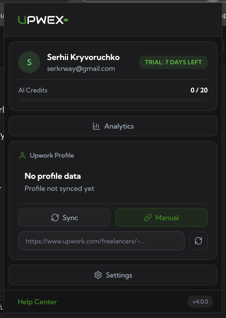 Upwex extension popup in logged-in state showing Upwork Profile card with 'No profile data / Profile not synced yet' message, Sync and Manual buttons, the Manual mode active with a URL input placeholder 'https://www.upwork.com/freelancers/~...' and a refresh button next to it; AI Credits 0 / 20, TRIAL: 7 DAYS LEFT badge, Settings and Help Center buttons in the footer with 'v4.0.0' badge