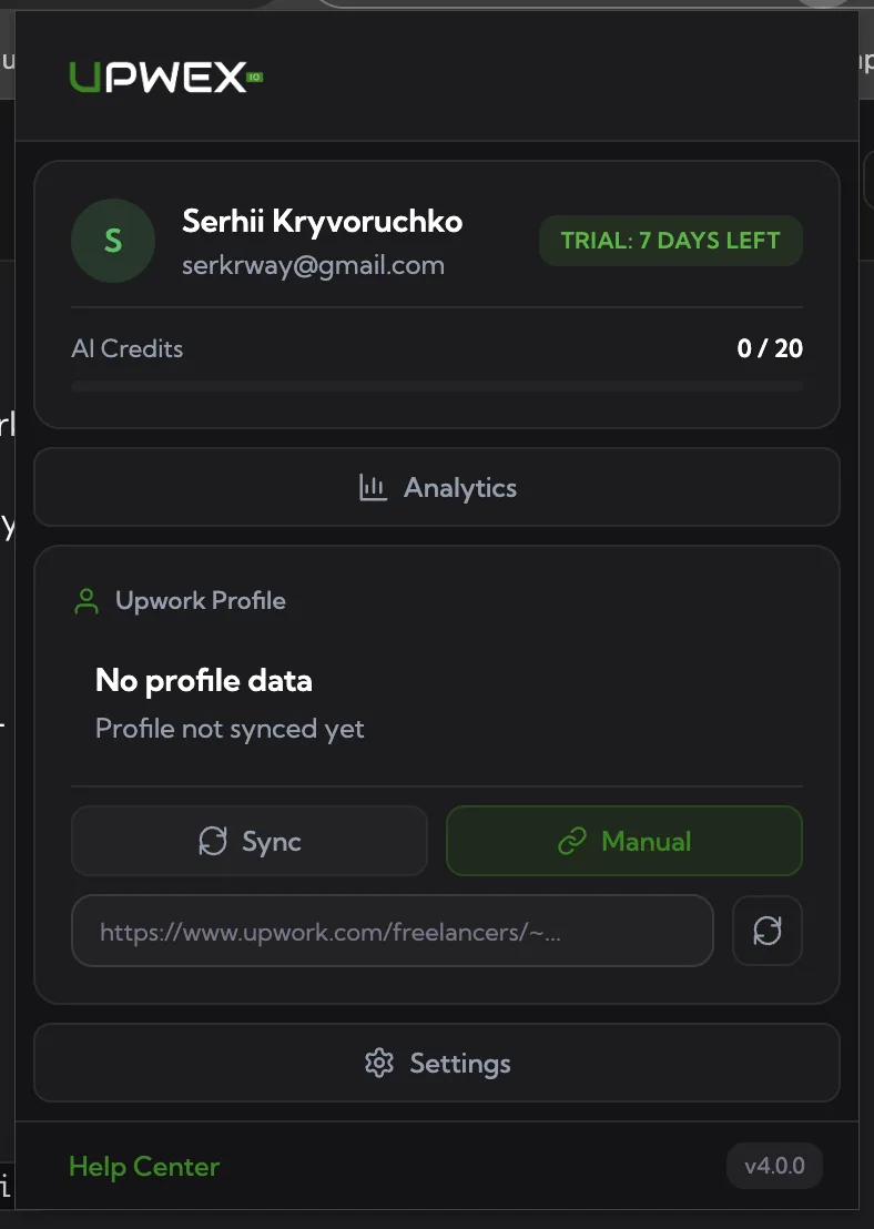 Upwex extension popup in logged-in state showing Upwork Profile card with 'No profile data / Profile not synced yet' message, Sync and Manual buttons, the Manual mode active with a URL input placeholder 'https://www.upwork.com/freelancers/~...' and a refresh button next to it; AI Credits 0 / 20, TRIAL: 7 DAYS LEFT badge, Settings and Help Center buttons in the footer with 'v4.0.0' badge